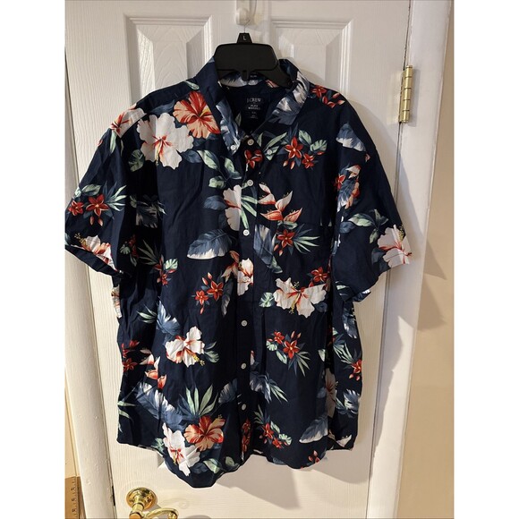 J.Crew Shirt Mens Size XXL Short Sleeve Hawaiian Floral Cotton Blue Tropical - Picture 2 of 7